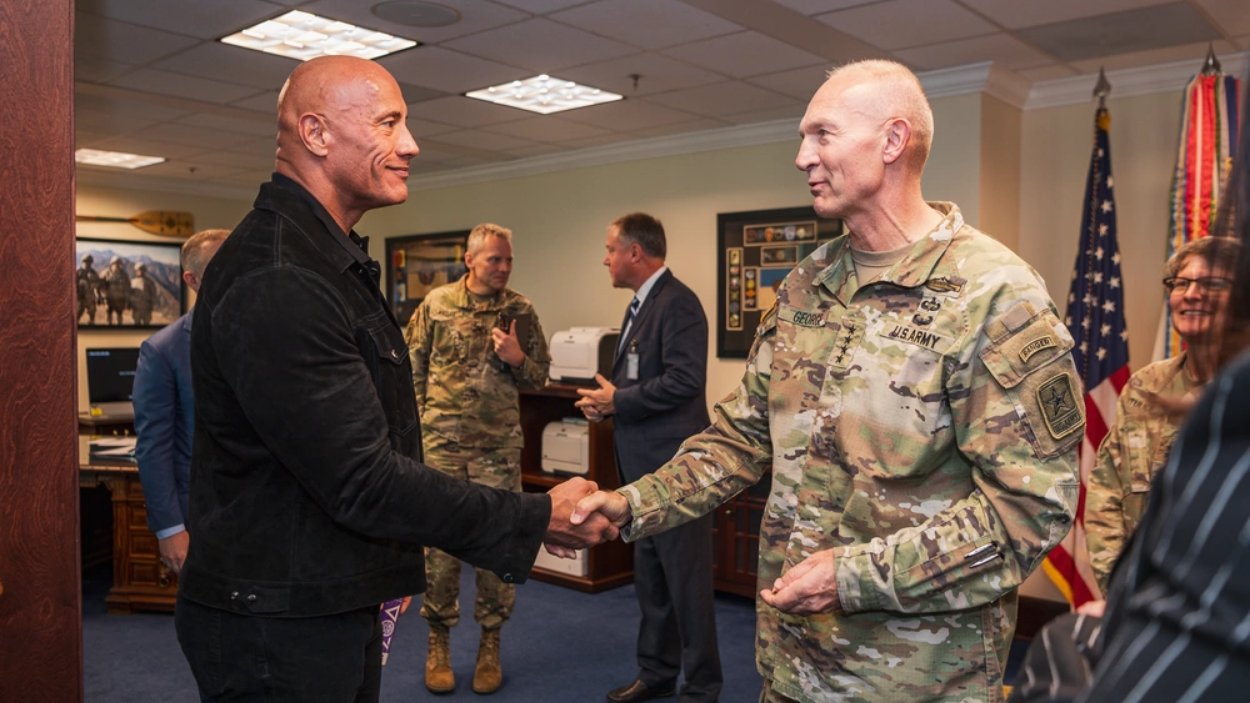 Actor and wrestler Dwayne Johnson with U.S. Army Chief of Staff Gen. Randy A. George at the Pentagon. (Photo by Henry Villarama/U.S. Army)