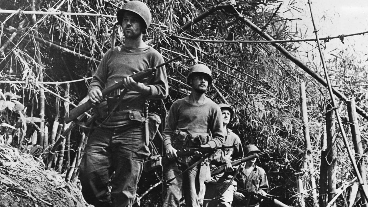Soldiers from the 5307th Composite Unit, or "Merrill's Marauders," on patrol in Burma during World War II. (Photo by © CORBIS/Corbis via Getty Images)
