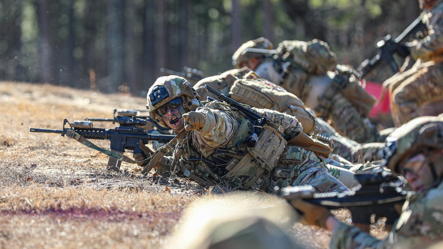 Soldiers training battle drills during a training exercise.
