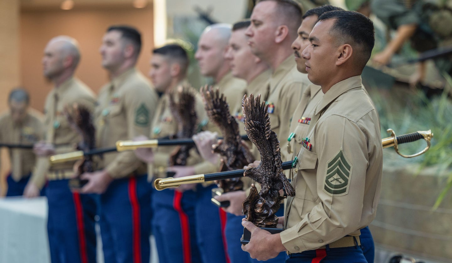 Eight Marines received the Navy and Marine Corps Commendation Medal for their exceptional performance in their respective special duty assignments, ir B-billets, as recruiters, drill instructors, combat instructors and Marine Security Guards. Marine Corps photo by Lance Cpl. Ethan Miller.