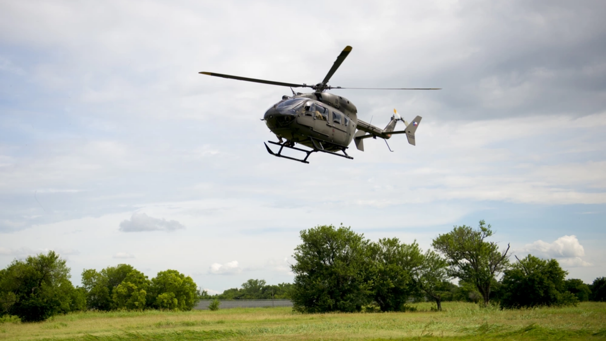 Soldiers with the Texas Army National Guard's 36th Combat Aviation Brigade use a UH-72 Lakota helicopter in a training exercise in 2020. (photo by Charles E. Spirtos/U.S. Army)