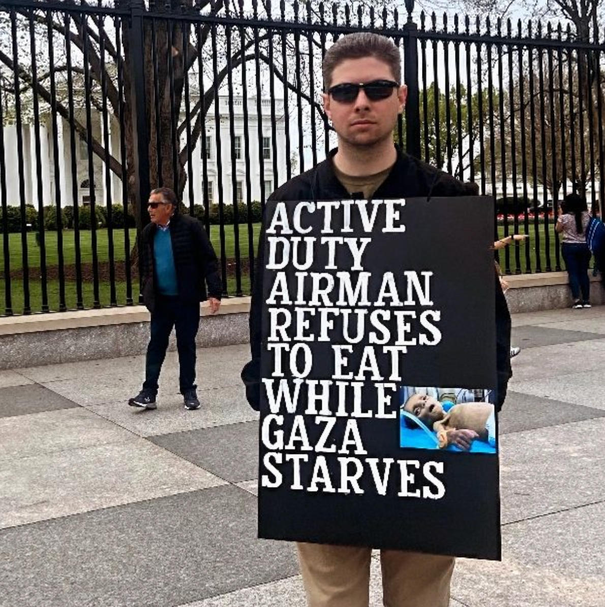 Senior Airman Larry Hebert, 26, began a hunger strike Sunday to highlight the chronic starvation in the Gaza strip brought on by the war between Hamas and Israel. Photo credit: Veterans For Peace Instagram.