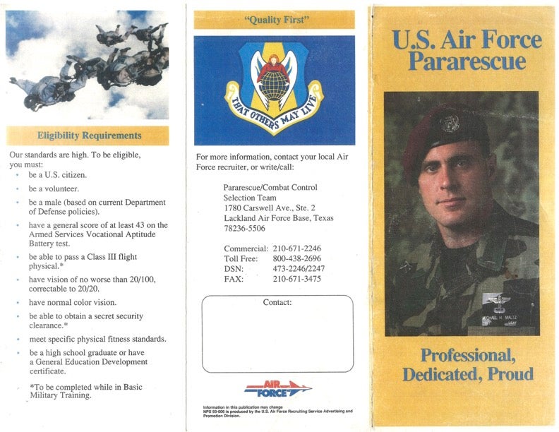 The 90s-era Pararescue tri-fold brochure feature Mike Maltz on the cover. Maltz was photographed for the picture while a pararescue and combat control indoctrination course instructor. Courtesy Rob Disney.