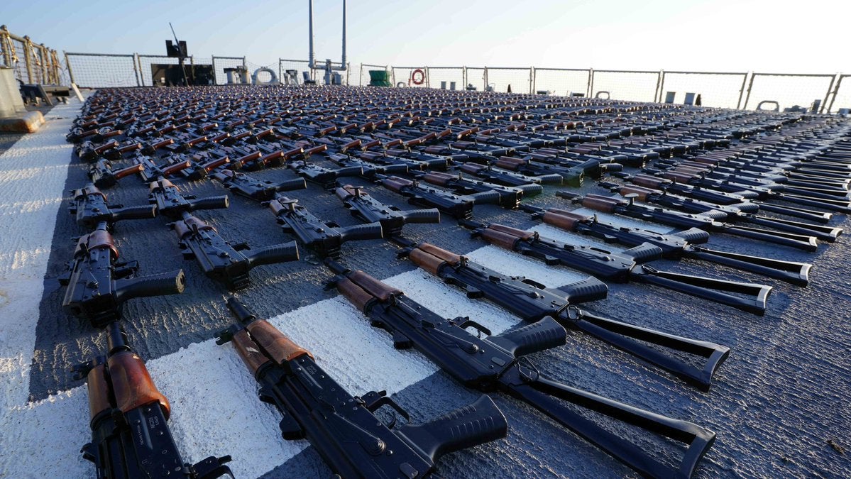 Seized AK-47s in the Red Sea. U.S. Central Command said that 5,000 AK-47s and 500,000 rounds of ammunition seized from Iranian smugglers are now headed to Ukraine for use by Ukrainian forces. Photo via CENTCOM.