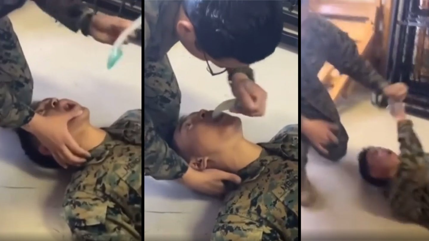 Screenshots of the video of Marines testing an i-gel on a conscious Marine.