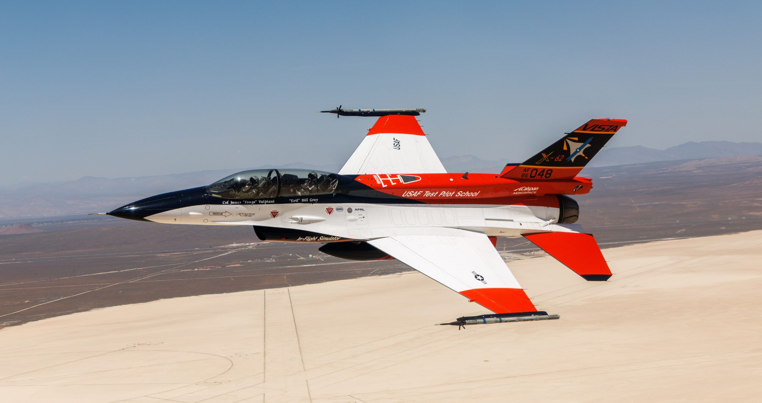 Secretary of the Air Force Frank Kendall flies in the X-62 VISTA in the skies above Edwards Air Force Base, California, May 2. The experimental plane was flown by an AI-powered system without input from Kendall or a safety pilot in the rear seat. Air Force photo by Richard Gonzales)