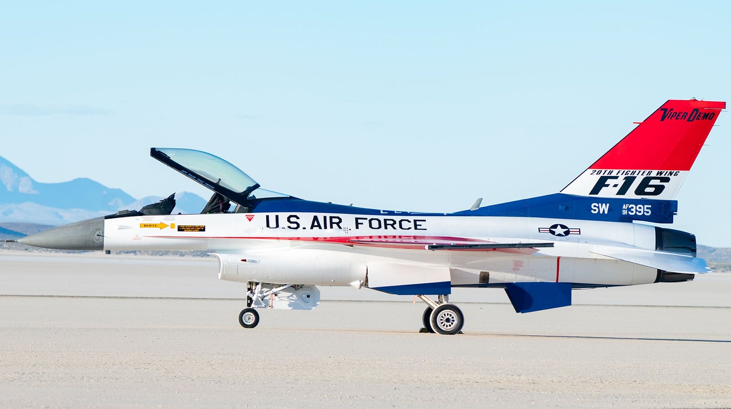 To celebrate it's 50th anniversary, the Air Force's F-16 Viper Demonstration Team aircraft has a new paint job that harkens back to the F-16's 1974 look. Air Force photo by Senior Airman Meghan Hutton.