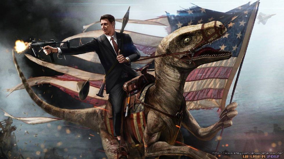 Ronald Reagan on a velociraptor