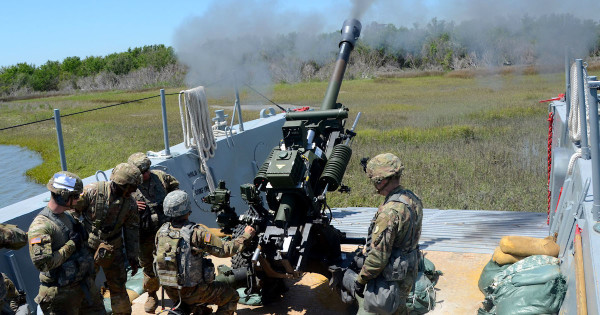 The Army is practicing firing artillery from boats for the first time since the Vietnam War