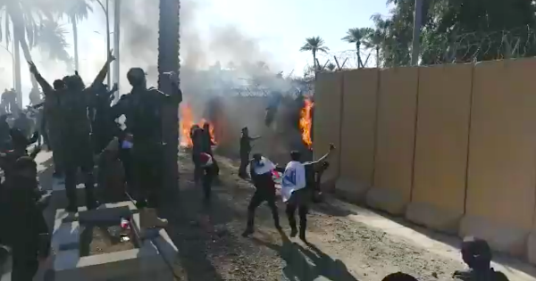 Videos show Iraqi protesters storming the US embassy in Baghdad