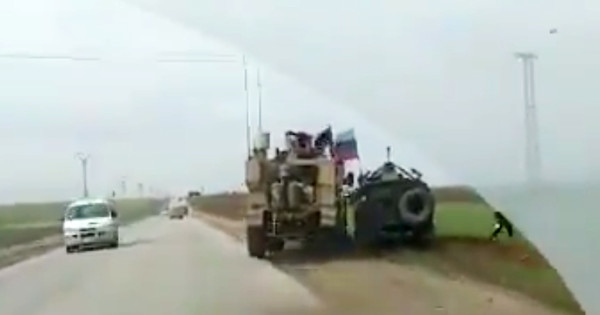 Video shows US military vehicle running a Russian military truck off the road in Syria