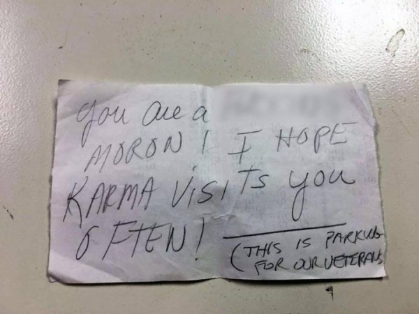 ‘You Are A F**king Moron!’ Reads Note Left On Veteran’s Car In Parking Lot