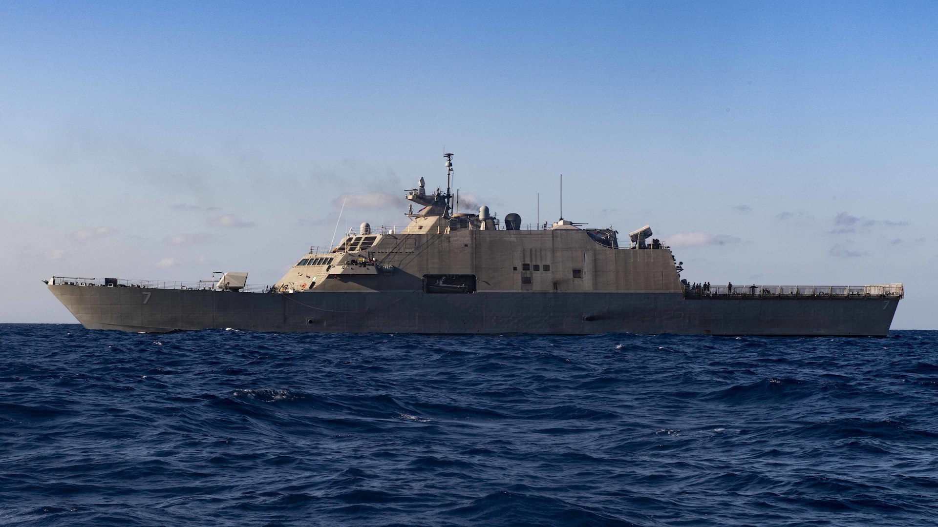 The Freedom-class littoral combat ship USS Detroit (LCS 7) sails through the Caribbean Sea. During the deployment to the U.S. Southern Command's area of responsibility, Detroit, with embarked helicopter and USCG law enforcement detachment, will support Joint Interagency Task Force South's mission, which includes counter-illicit drug trafficking in the Caribbean and Eastern Pacific. (U.S. Navy photo by Mass Communication Specialist 2nd Class Anderson W. Branch/Released)