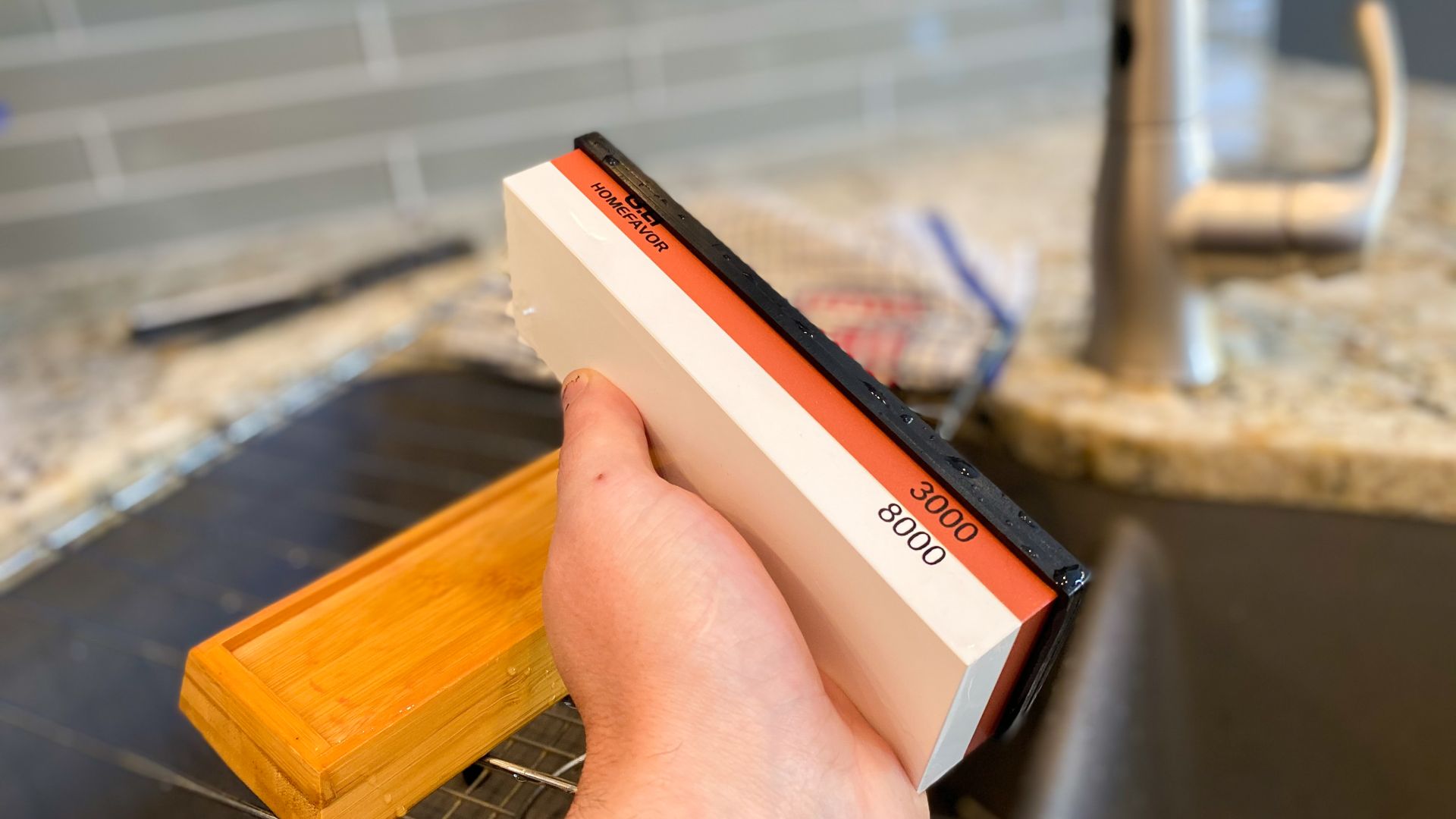 A set of finer grit whetstones. 