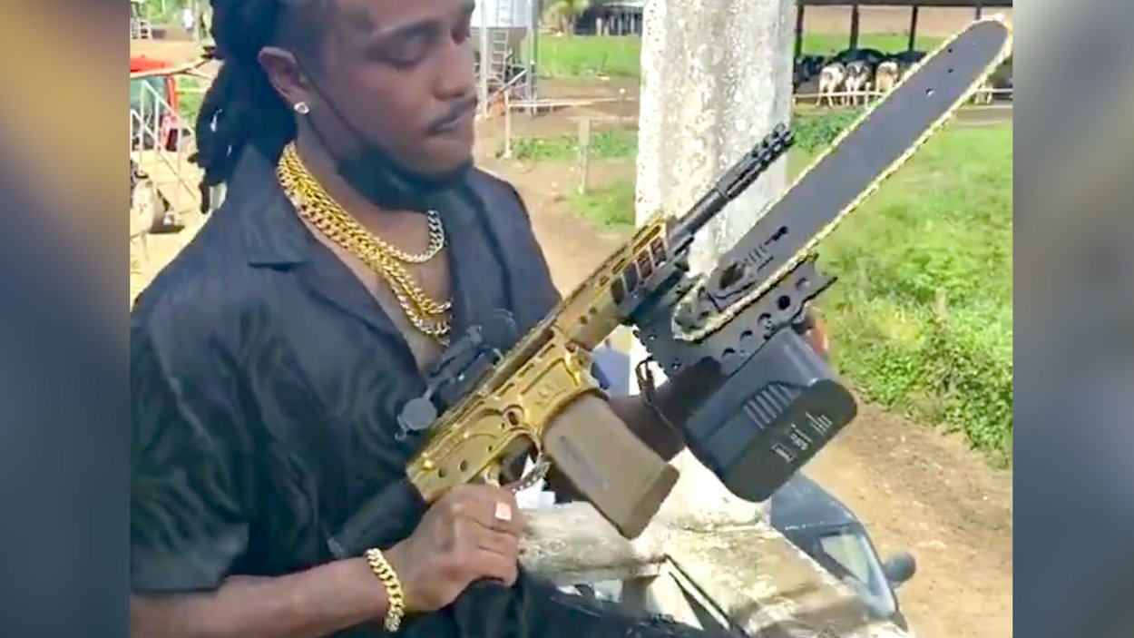 Rapper Quavo shows off chainsaw bayonet you never knew you wanted