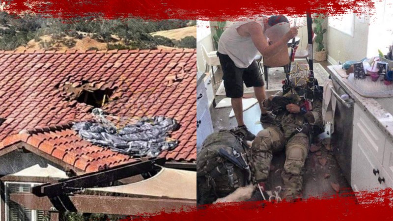 This is what it looks like when a paratrooper crashes through your roof
