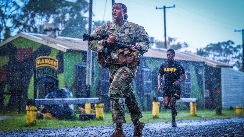 Soldiers from 25th Infantry Division Artillery (25th DIVARTY) completed the Jungle 5K and swim test train up at Lightning Academy Schofield Barracks, Hawaii, May 14, 2021 as practice for an upcoming Jungle Operations Training Course (JOTC). (U.S. Army photo by Spc. Jessica Scott)