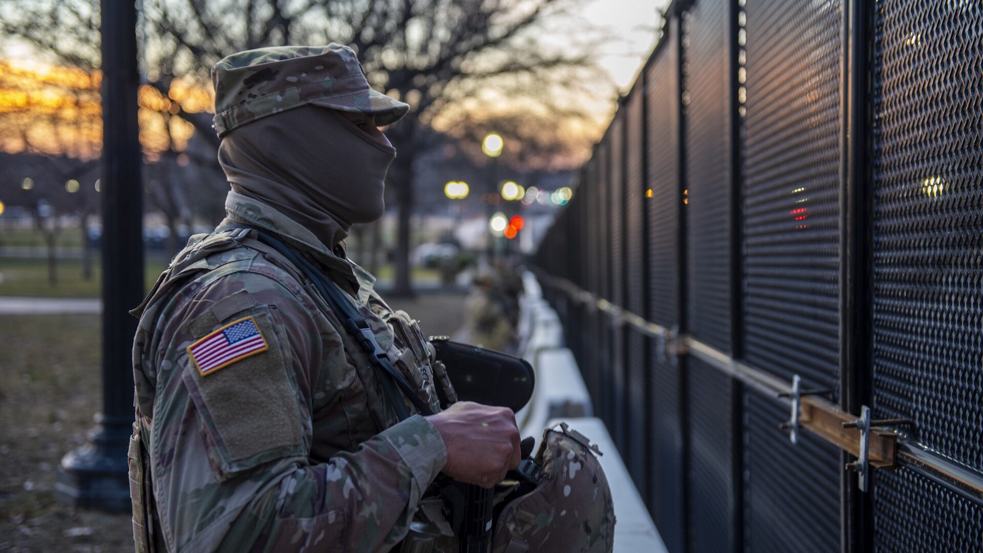 An Oklahoma National Guard soldier stands watch along a perimeter fence near the U.S. Capitol building in Washington, D.C., Jan. 20, 2021.