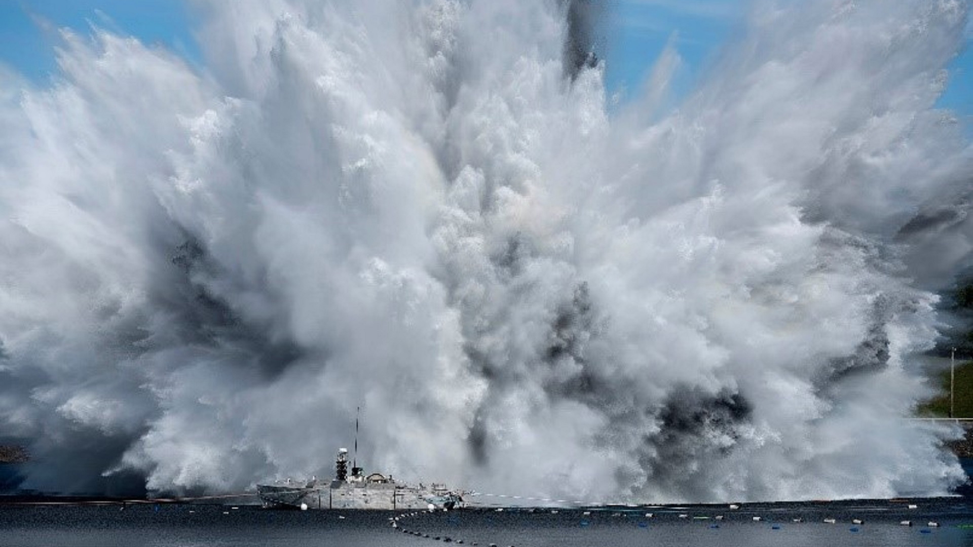 The Unmanned Influence Sweep System (UISS) undergoes an underwater explosion shock test at the Aberdeen Proving Grounds, Md., by the Aberdeen Test Center and Naval Surface Warfare Center Carderock. The shock trials are key for testing the survivability of UISS, a component of the Navy’s suite of mine countermeasure technologies, and its ability to execute its mission in hazardous environments. (U.S. Navy)