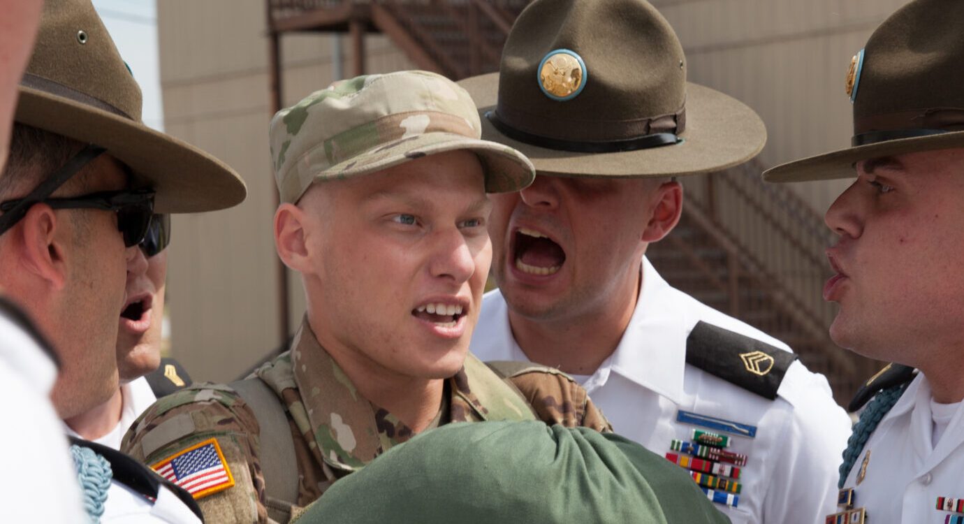 Army drill sergeants participate in a “shark attack” as trainees arrive on the first day of Basic Combat Training on June 12, 2017.