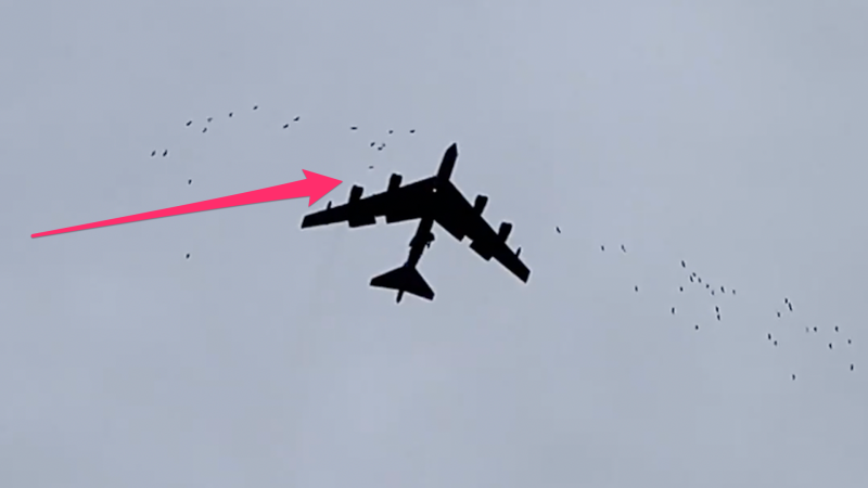 Watch an Air Force B-52 Stratofortress go toe-to-toe with a flock of birds