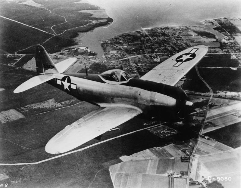 A World War II-era P-47 Thunderbolt (serial number 42-26428) of the 365th Fighter Group in flight. (American Air Museum in Britain)