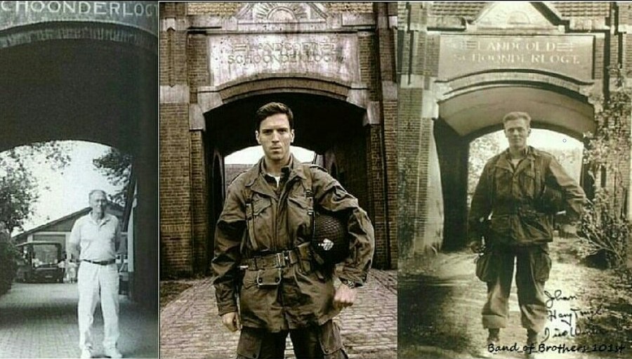 Damian Lewis (middle) in "Band of Brothers" as Dick Winters. The real Winters in the same location, during and after the war. 