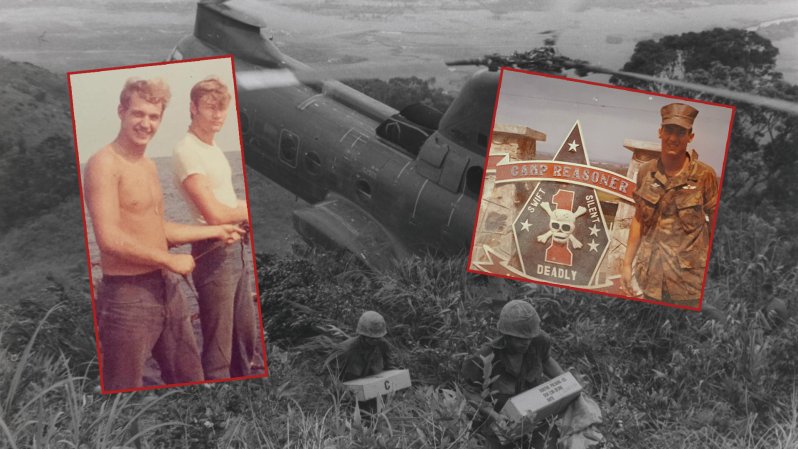 Marines unloading C-rats from a Chinook helicopter during the Vietnam War, two Vietnam war veterans composite image.