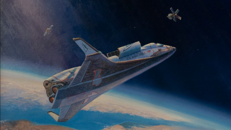 A painting showing a space plane, cargo bay open, flying to capture a satellite.