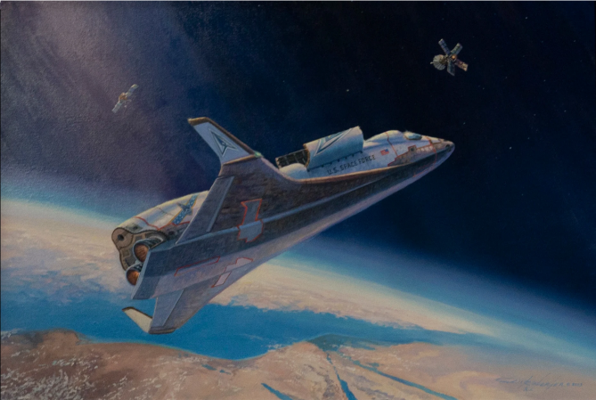 A painting showing a space plane, cargo bay open, flying to capture a satellite.