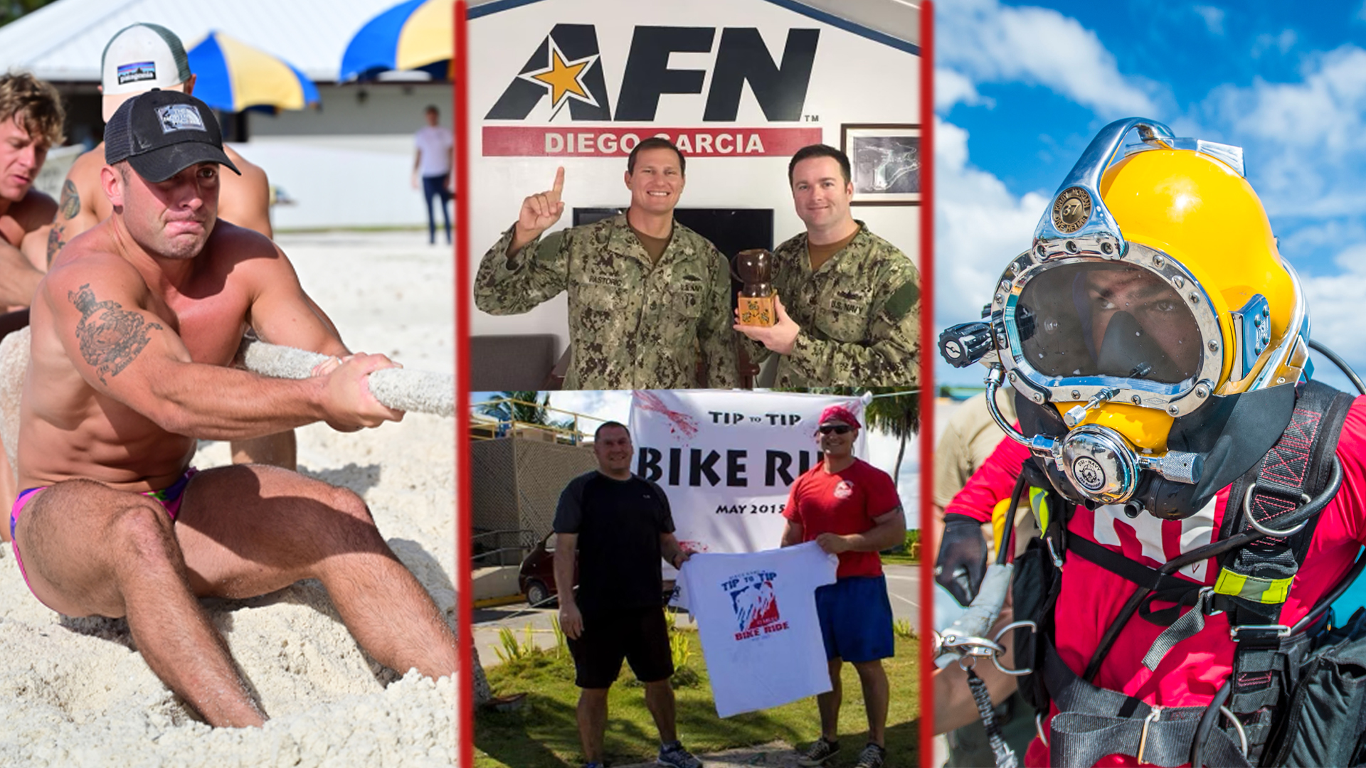 Tug of wars, AFN, earning the coveted biker race t-shirt, and diving are all options while stationed on Diego Garcia.