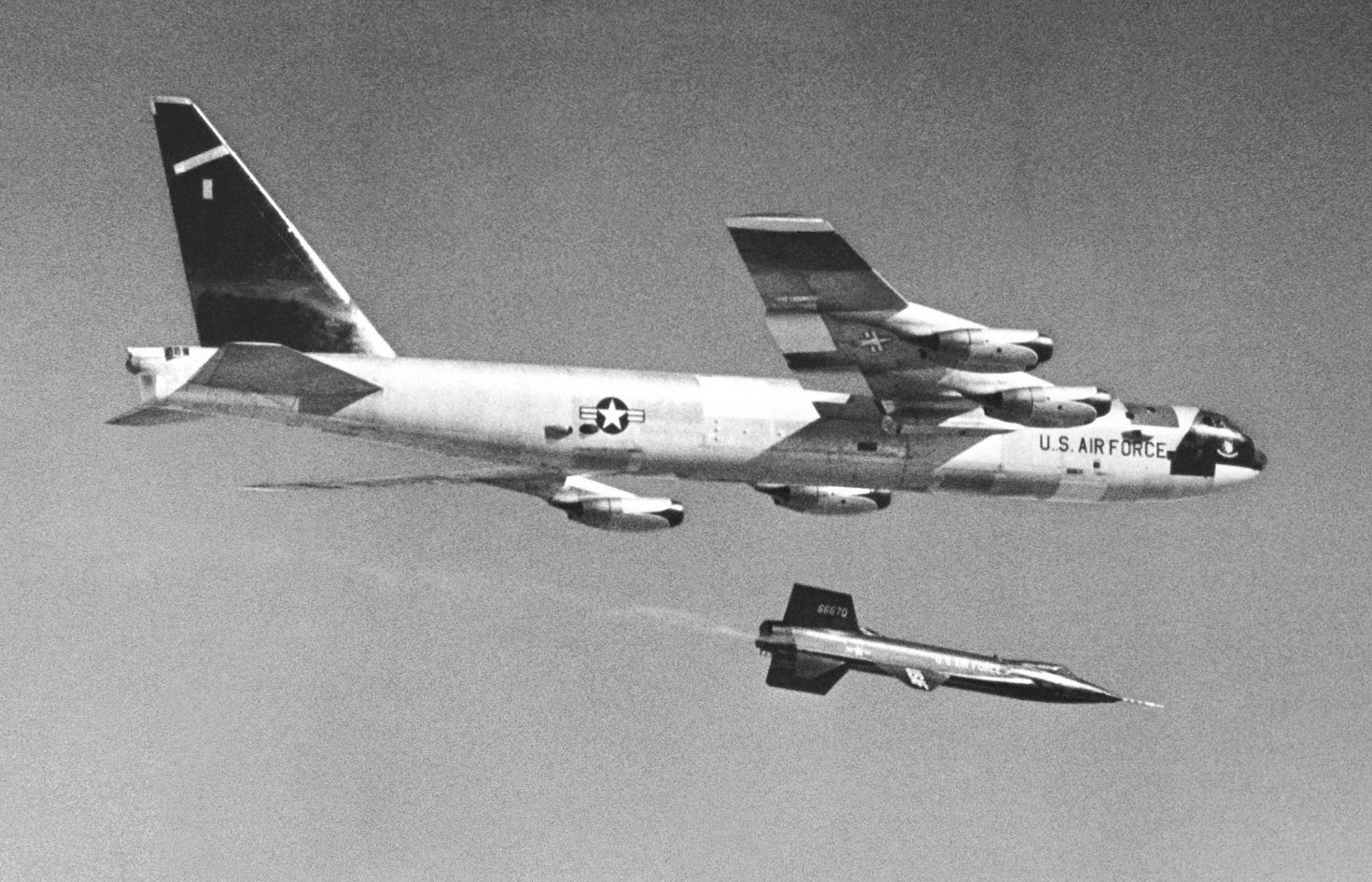A 1959 photo of a B-52 launching an X-15 rocket plane.