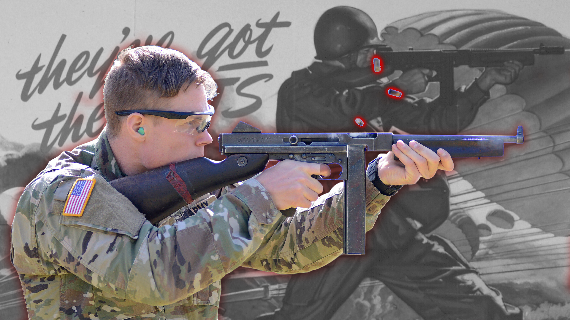 Soldiers both past and present firing the Thompson submachine gun.