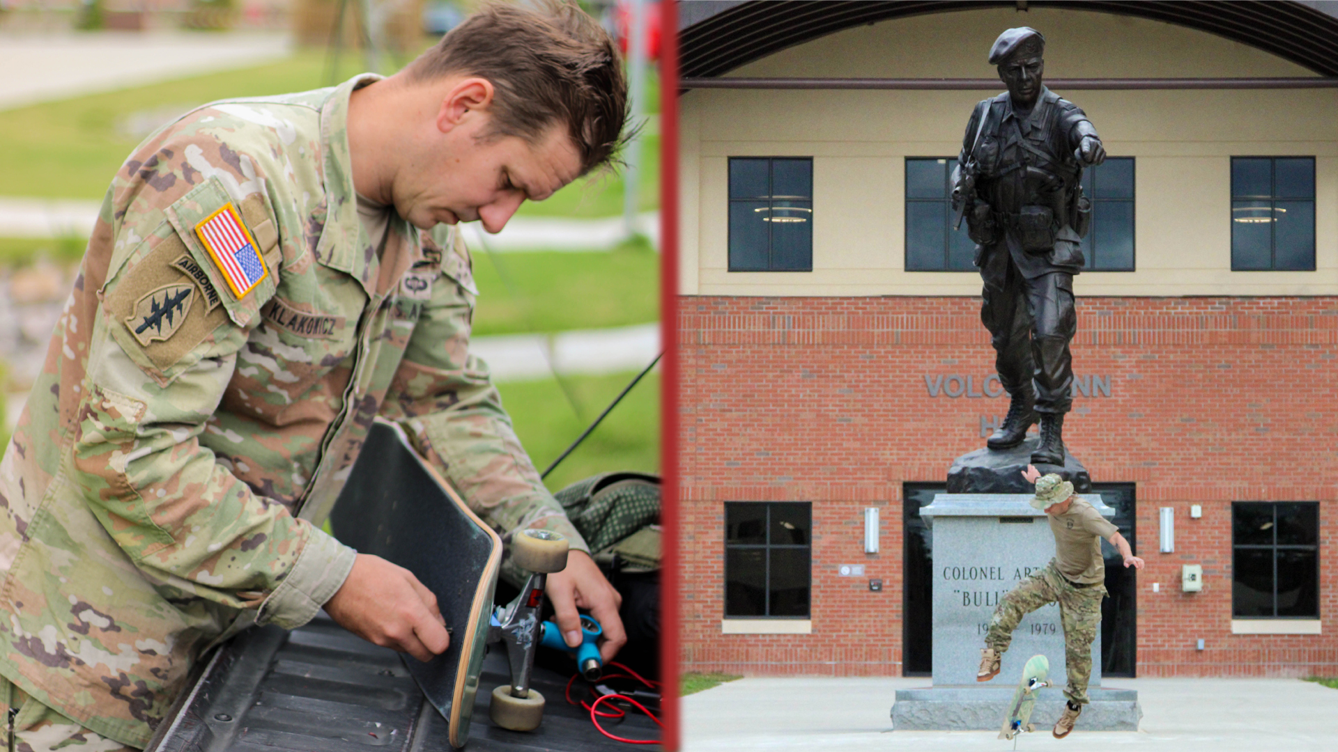 Sgt. 1st Class Adam Klakowicz preparing his skateboard for a Ft. Liberty skateboarding session.