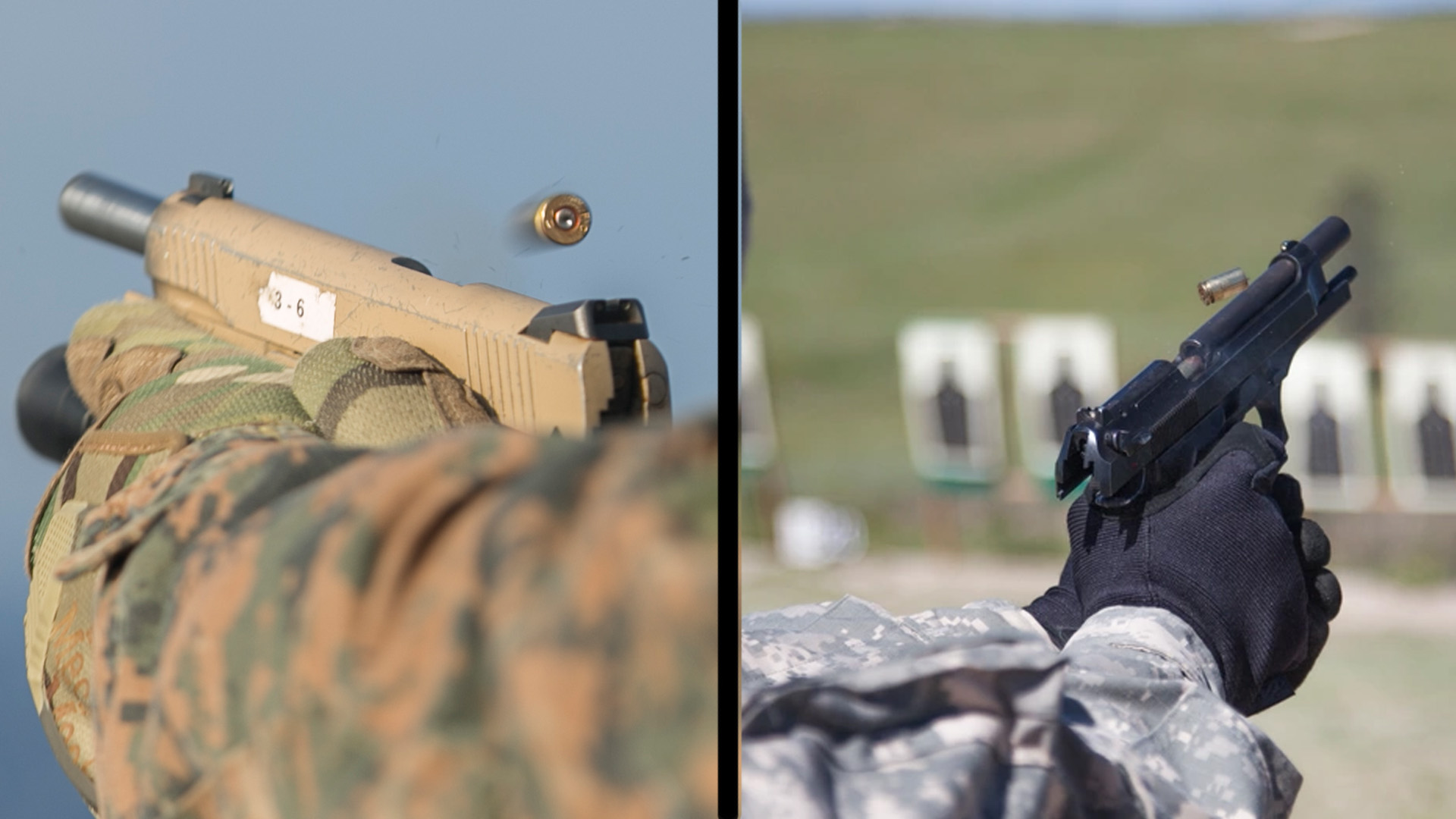 The M9 and 1911 pistols being fired by American soldiers and Marines.