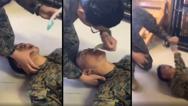 Screenshots of the video of Marines testing an i-gel on a conscious Marine.