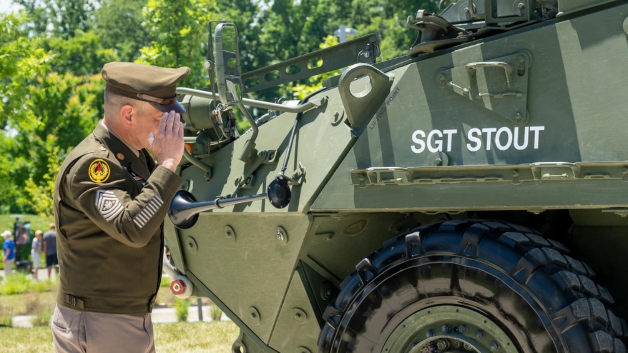 gt. Maj. of the U.S. Army Michael R. Weimer salutes at the unveiled and renamed Sgt. Stout vehicle, previously the M-SHORAD. (photo by Christopher Kaufmann/U.S. Army)