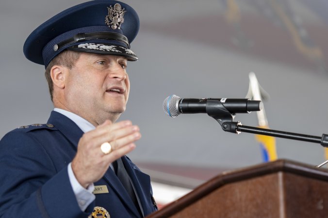 U.S. Air Force Maj. Gen. Phillip Stewart, 19th Air Force commander, speaks to the audience after receiving the unit guidon during the 19th Air Force change of command ceremony Aug. 19, 2022, at Joint Base San Antonio-Randolph, Texas. Stewart is responsible for monitoring production and oversees top level instruction and flying operations, manning, contracts, logistics and maintenance trends. (U.S. Air Force photo by Jonathan Mallard)