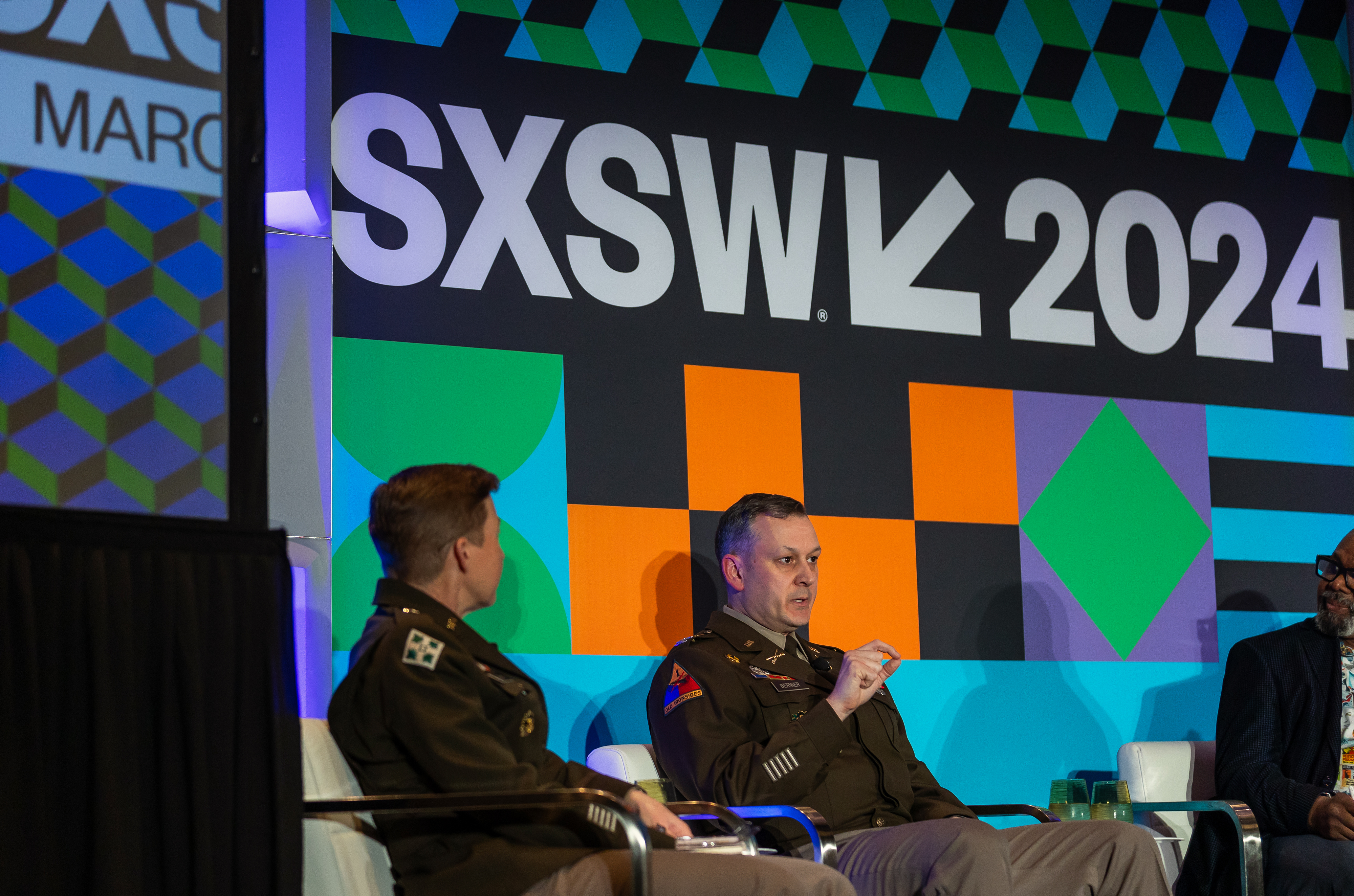 BG Beth A. Behn, Chief of Transportation, United States Army, COL Ken R. Bernier, MILDEP, U.S. Army DEVCOM Ground Vehicle Systems Center, Mr. Earl Newsome, CIO, Cummins, and Mr. JD Johnson, VP Business Development, General Motors Defense, participate in the “Driving Innovation: Technical Advances in Transportation” panel at the Thompson Hotel during SXSW 2024 in Austin, TX on March 8th, 2024. (US Army Photo by Patrick Hunter)