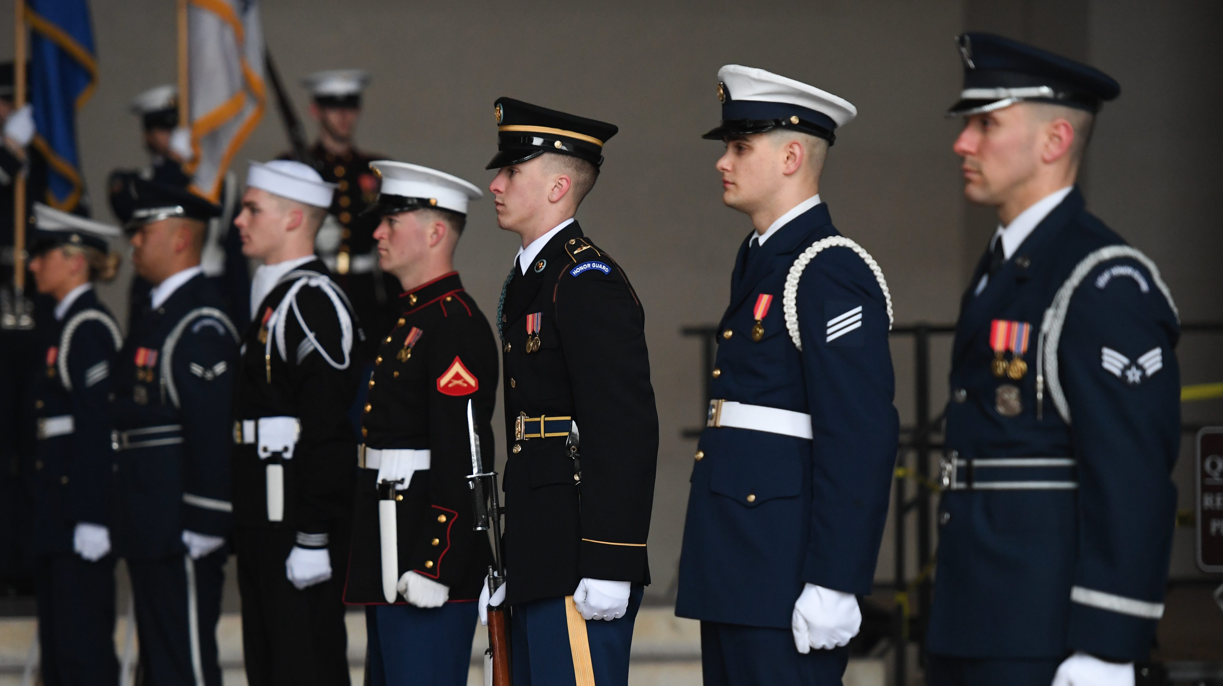 Members of the Joint Armed Forces Honor Guard file out of the Lincoln Memorial during the Armed Forces Full Honor Wreath Ceremony in honor of President Abraham Lincoln's 210th birthday at the Lincoln Memorial in Washington, D.C., on Feb. 12, 2019. (U.S. Army photo by Spc. Dana Clarke)