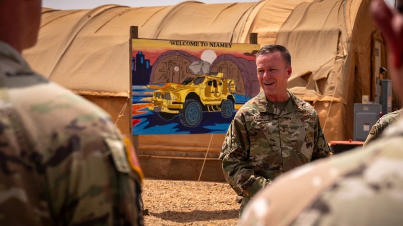 Maj. Gen. Kenneth Ekman of U.S. Africa Command visits troops at Air Base 101 in Niamey, Niger on May 30, 2024. (photo by Tech. Sgt. Christopher Dyer/U.S. Air Force)