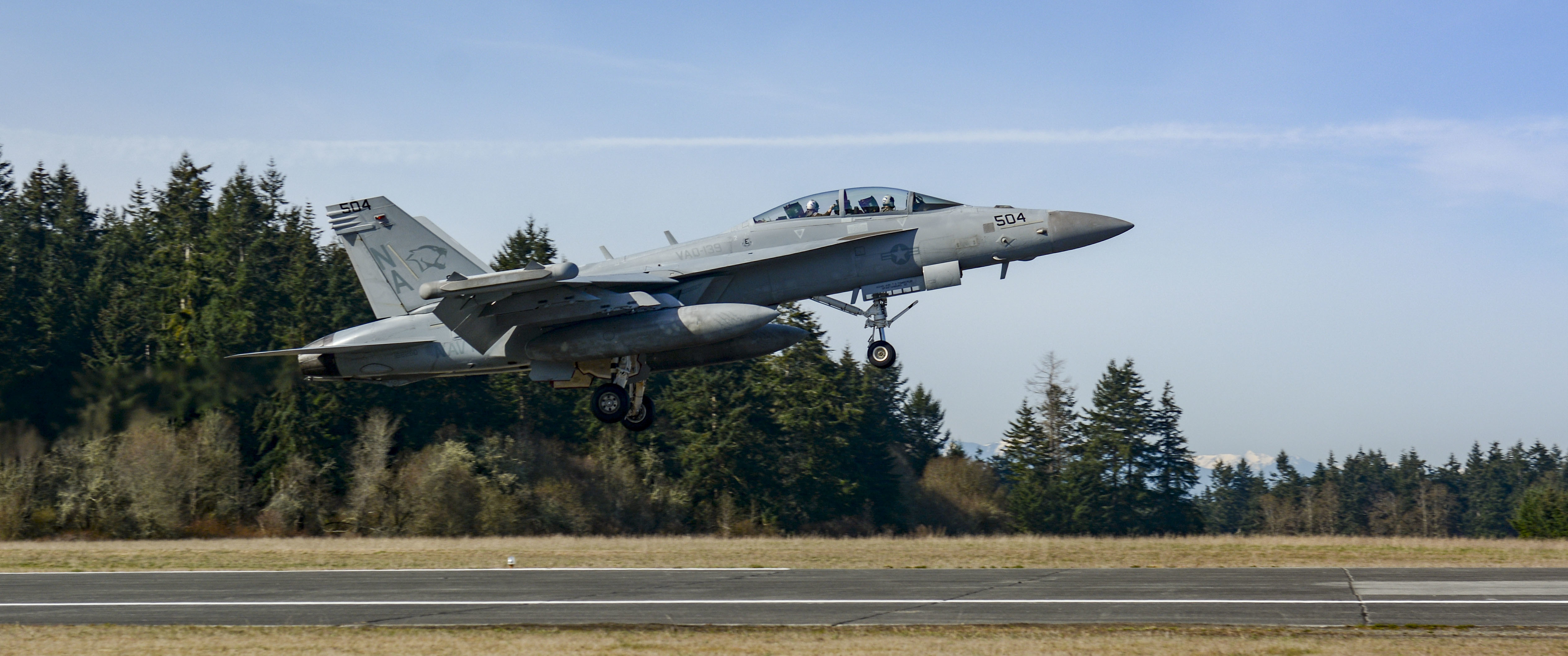 190401-N-HC646-0062 OAK HARBOR, Wash. (April 1, 2019) An EA-18G Growler assigned to the "Cougars" of Electronic Attack Squadron (VAQ) 139 takes off during a Field Carrier Landing Practice (FCLP) at an outlying landing field attached to Naval Air Station Whidbey Island. FCLP is a required flight training exercise that simulates conditions encountered during carrier landing operations while on deployment. (U.S. Navy photo by Mass Communication Specialist 2nd Class Marc Cuenca/Released)