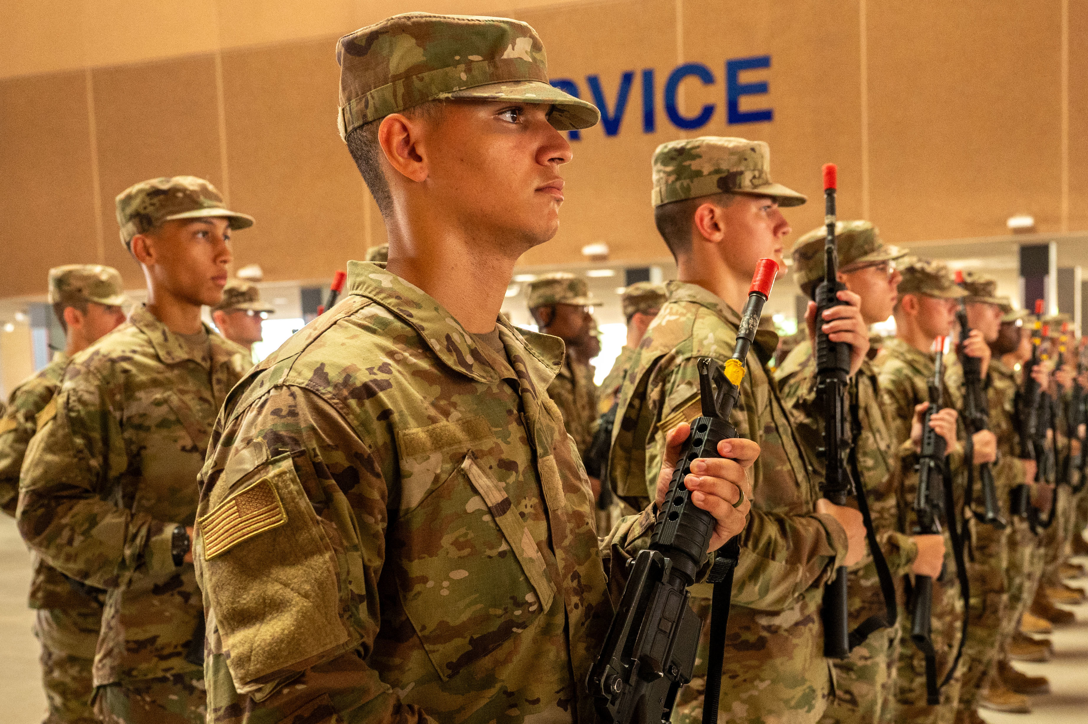 U.S. Air Force Basic Military Training trainees carry weapons at Joint Base San Antonio-Lackland on August 2, 2024. Beginning on July 29, 2024, Col. Billy Wilson Jr., 737th Training Group commander, launched a weapons handling initiative. From now on, BMT trainees will carry weapons throughout their 7.5 weeks of training to instill a profession of arms and a warrior mindset into the future Airmen. JBSA-Lackland is home to USAF BMT where enlisted civilians are transformed into capable Airmen. (U.S. Air Force photo by Ava Leone)