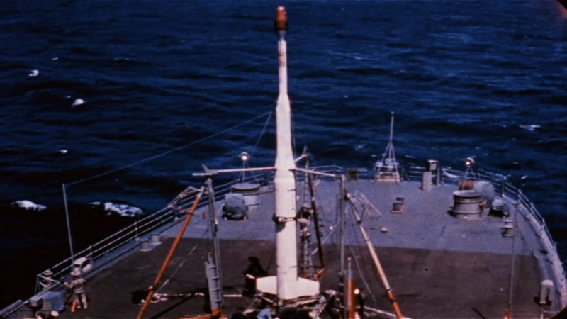 One of the Argus rockets sitting on the USS Norton Sound waiting to launch. (AEC/USDE, Public domain, via Wikimedia Commons)