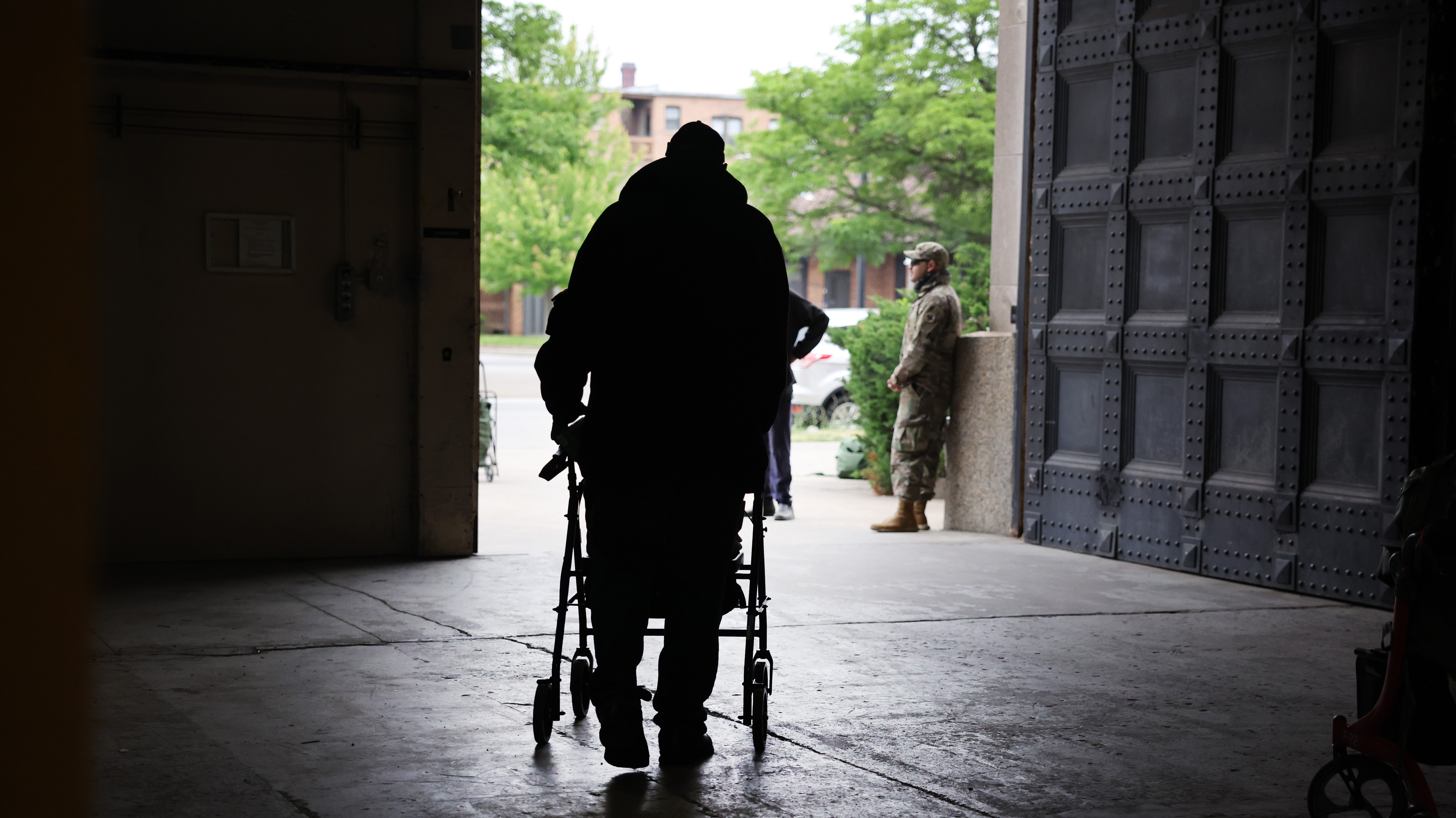 FILE PHOTO: CHICAGO, ILLINOIS - JUNE 16: A military veteran leaves a Stand Down event designed to help veterans who are homeless or housing insecure on June 16, 2023 in Chicago, Illinois. The semi-annual event helps veterans who are experiencing homelessness connect with services to find them housing. The event also connects veterans with agencies to help with medical services, food, clothing, and also helps veterans navigate the VA benefits system. There are an estimated 500 homeless veterans in the Chicago area, and 38,000 nationwide. (Photo by Scott Olson/Getty Images)