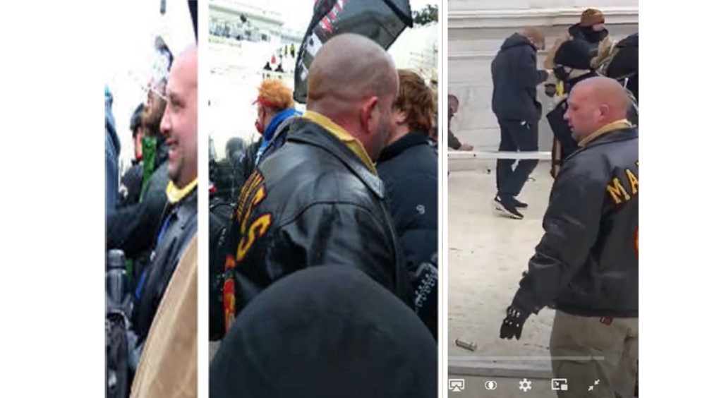 Marine veteran Nathan Thornsberry in several screenshots from Jan. 6, 2021 at the U.S. Capitol. (image courtesy Department of Justice)