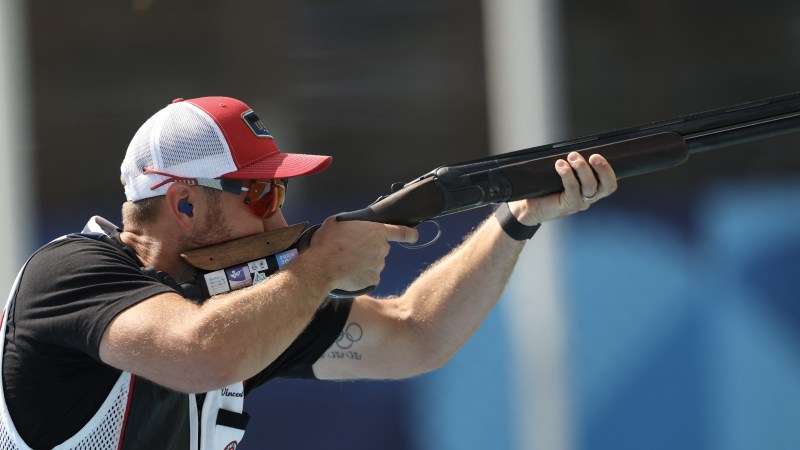 Vincent Hancock competes in the Skeet men's Final during the Paris 2024 Olympic Games at Chateauroux Shooting Centre on August 3, 2024. (photo by Alain Jocard/AFP via Getty Images)