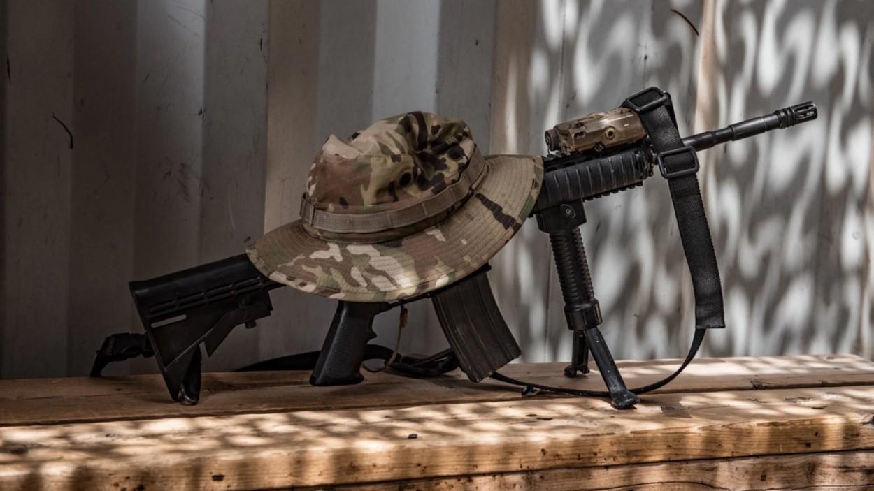 An airman's boonie hat rests on an M4 at a guard post in Southwest Asia in May 2017. (photo by Staff Sgt. Alexander W. Riedel/U.S. Air Force)