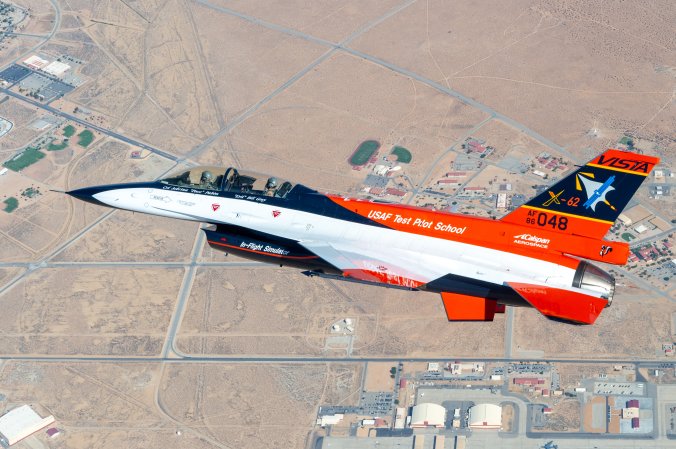 The variable In-flight Simulator Aircraft (VISTA) flies in the skies over Edwards Air Force Base, California, 26 August. The aircraft was redesigned from NF-16D to the X-62A, June 14,2021. (U.S. Air Force photo by Kyle Brasier)