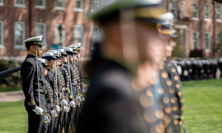 Coast Guard Academy cadets stand in formation during a Regimental Review at the Academy, May 2, 2024. The review ceremony was the last of the academic year that would include the entire corps of cadets. (U.S. Coast Guard photo by Petty Officer 3rd Class Matt Thieme.)